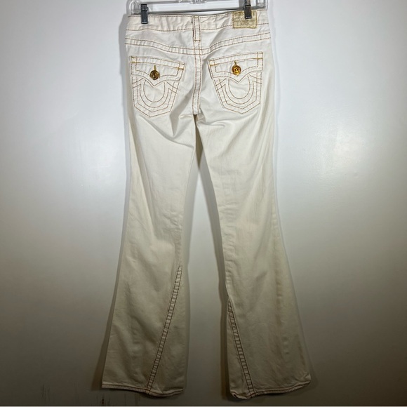 True Religion Joey Big T Y2K Gold Embroidered Flare White Denim Jeans Size 26 - Picture 2 of 14